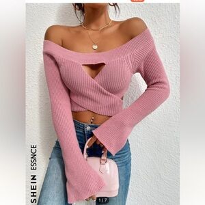 Off Shoulder Wrap Tie Back Crop Sweater
